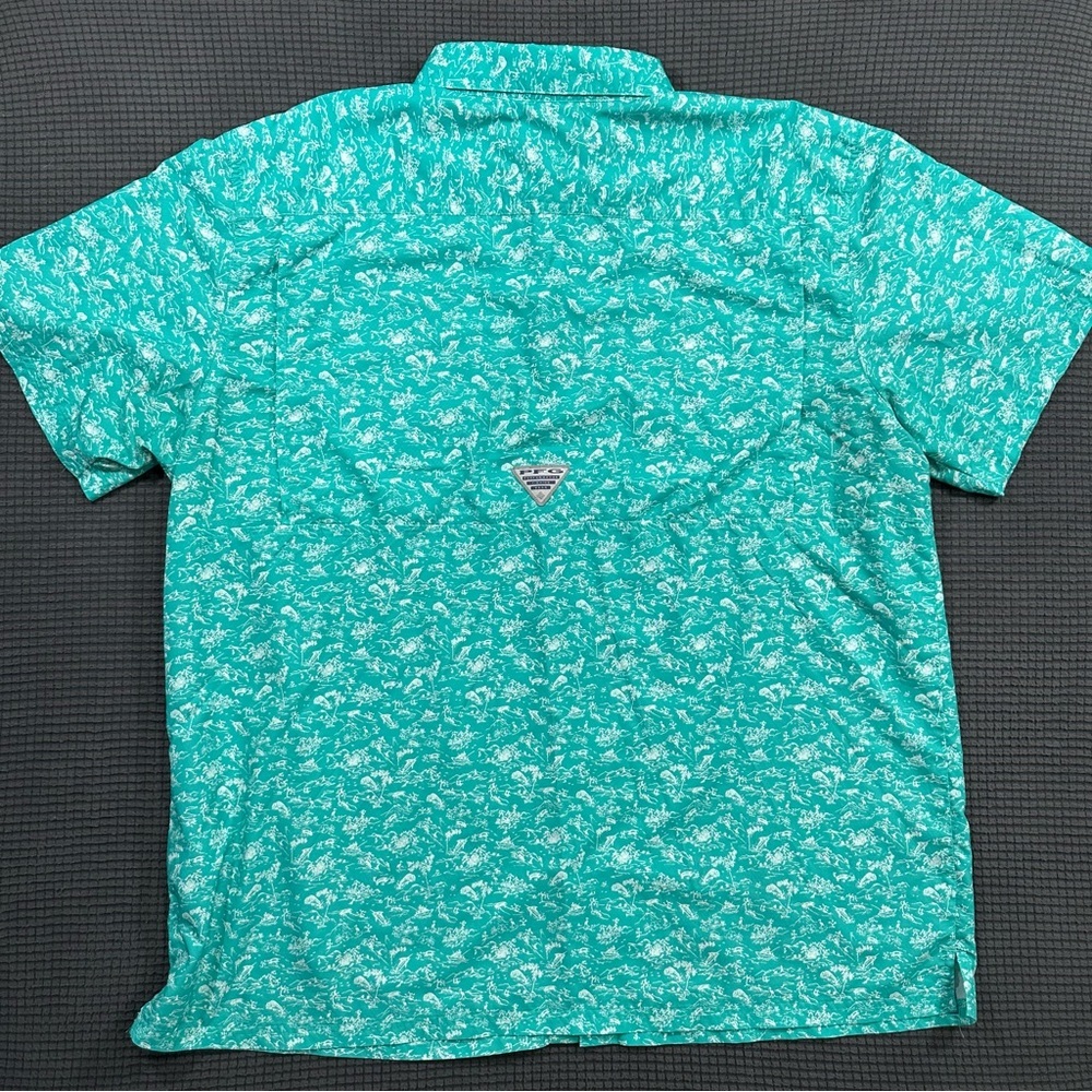 Columbia PFG Fishing ShirtXL Teal Green Fish Print Vented Short Sleeve Button Up - Picture 5 of 7